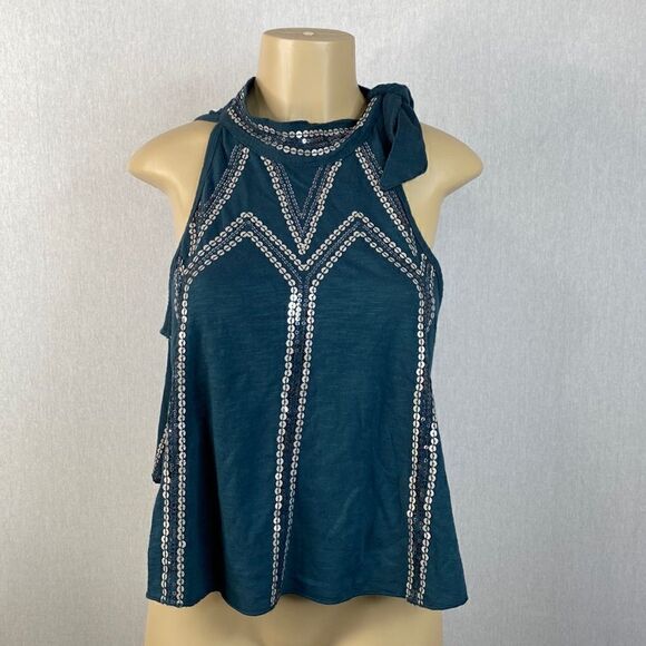 Free People Glitter City Tie Neck Mock Dark Turquoise Halter Sequin Top XS NWT - Picture 2 of 10